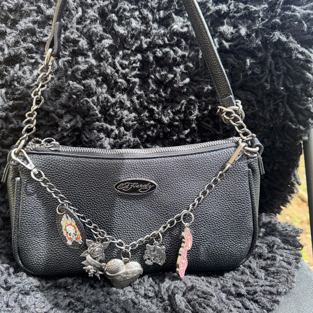 Ed Hardy Black Shoulder Bag with Charm Chain
